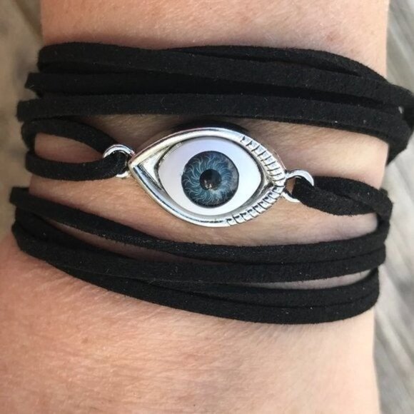 Tie Wrap Evil Eye Protection Silver Bracelet Cuff Yoga Boho Vegan Faux Leather - Picture 5 of 9